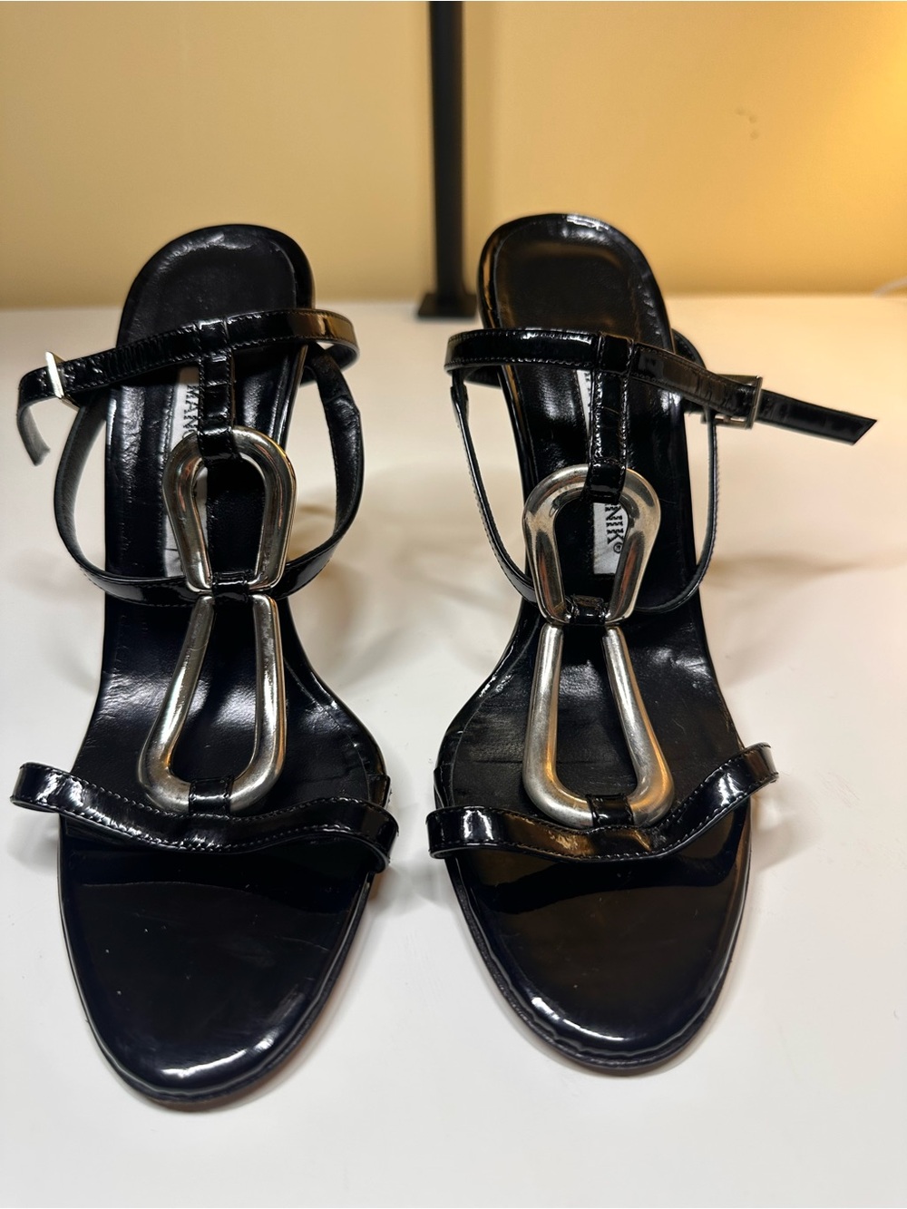 Manolo Blahnik Black Patent T-Strap Heeled Sandals with Silver Accents
